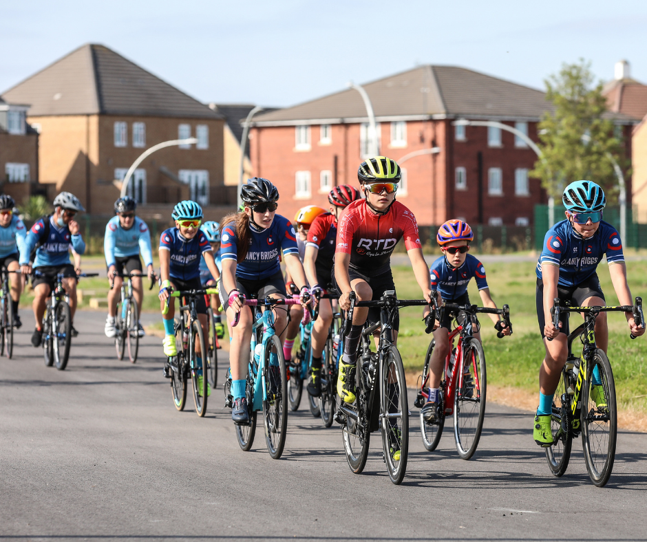 A group of young racers at the Doncaster cycle track.